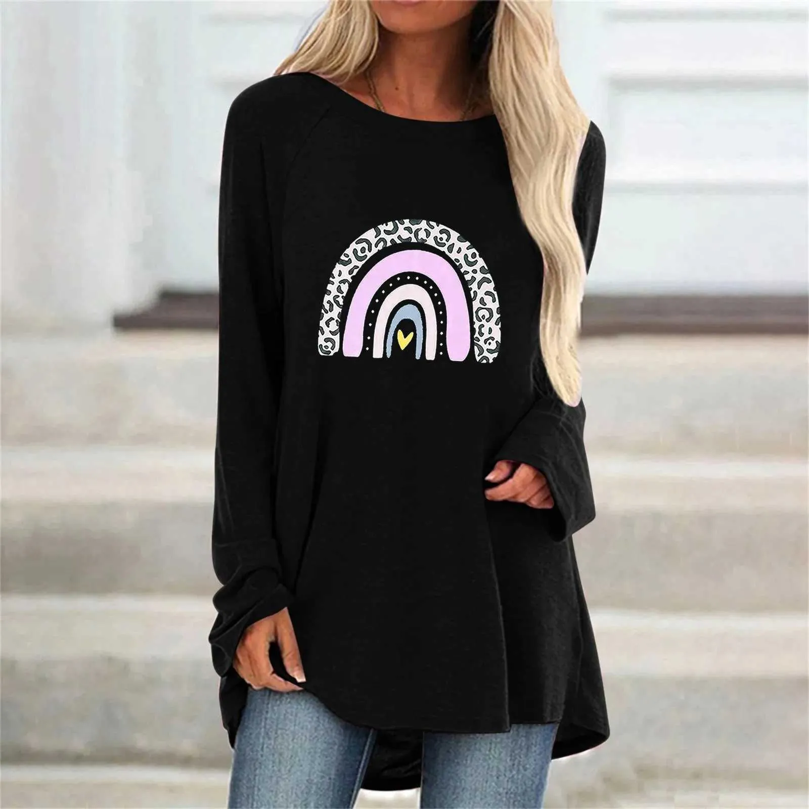 Oversized Heart Print Long Sleeve Tee - Autumn Winter Top, Shop