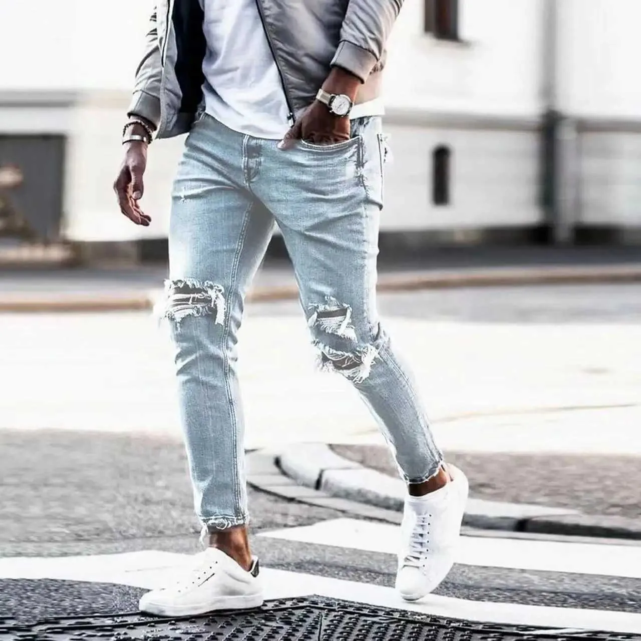 Save Big on Bulk Street Fashion Jeans Male Mens Streetwear Jeans Retro  Style Distressed Slim Fit Denim Pants, Solid Color Casual Pencil Trousers 