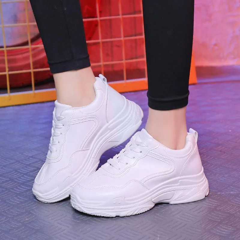 Womens White Platform Sneakers Breathable Lace-Up Casual Running