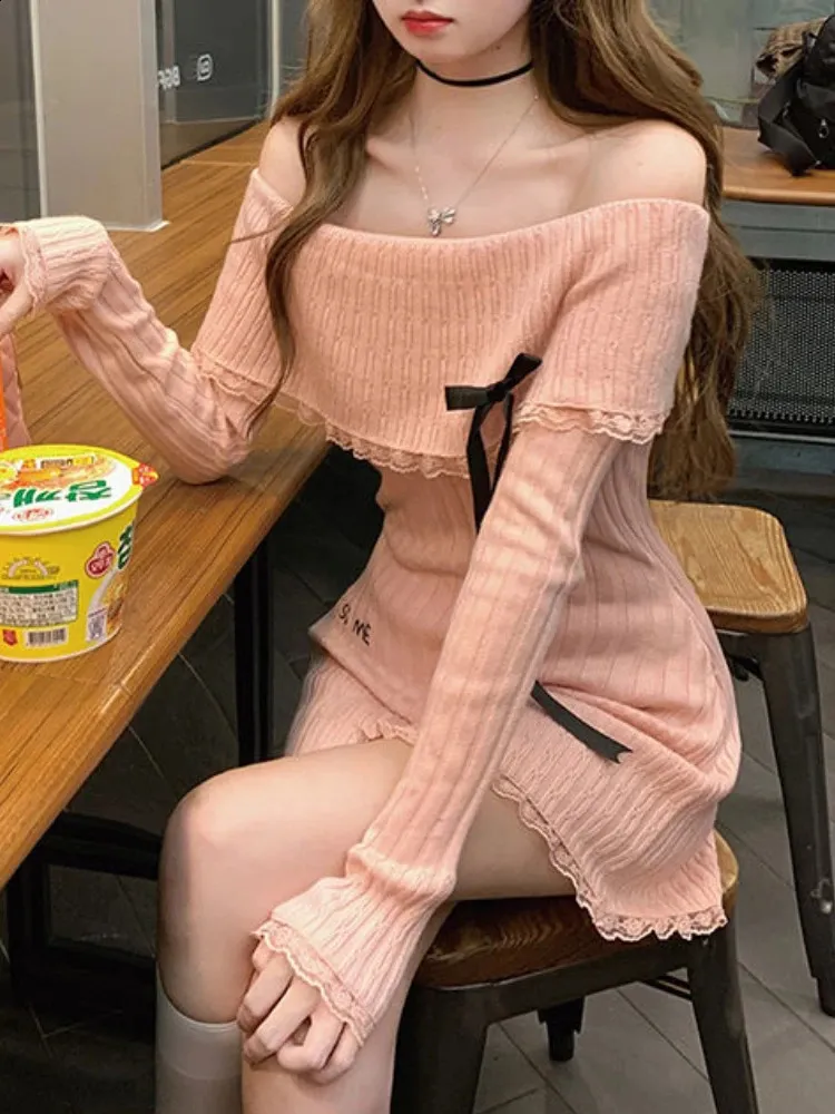 Winter Knitted Kawaii Dress Womens Bow Shoulder Elegant Sweater Mini Dress Womens Fashion Dress 240919Color: Pastel PinkSuitable Gender: FemaleSize: