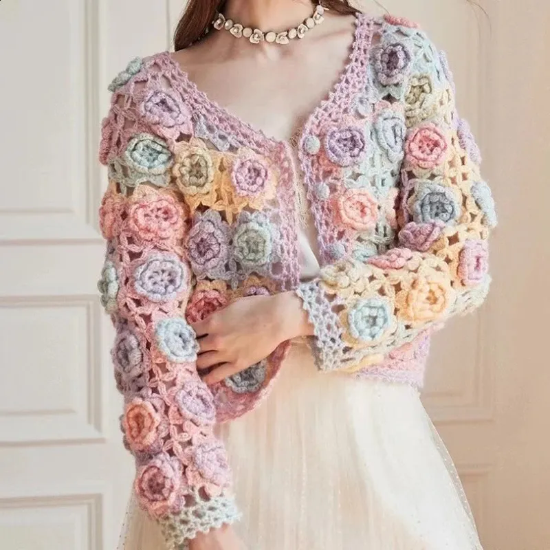V-Neck Rainbow Open-Knit Sweater V-Neck Rainbow Open-Knit Sweater