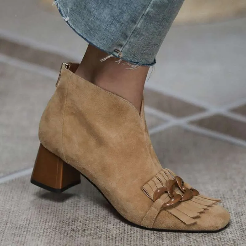 Bottines à talons carrés et mi-hauts pour femme, chaussures de bureau à franges et fermeture éclair, nouvelle collection automne/hiver