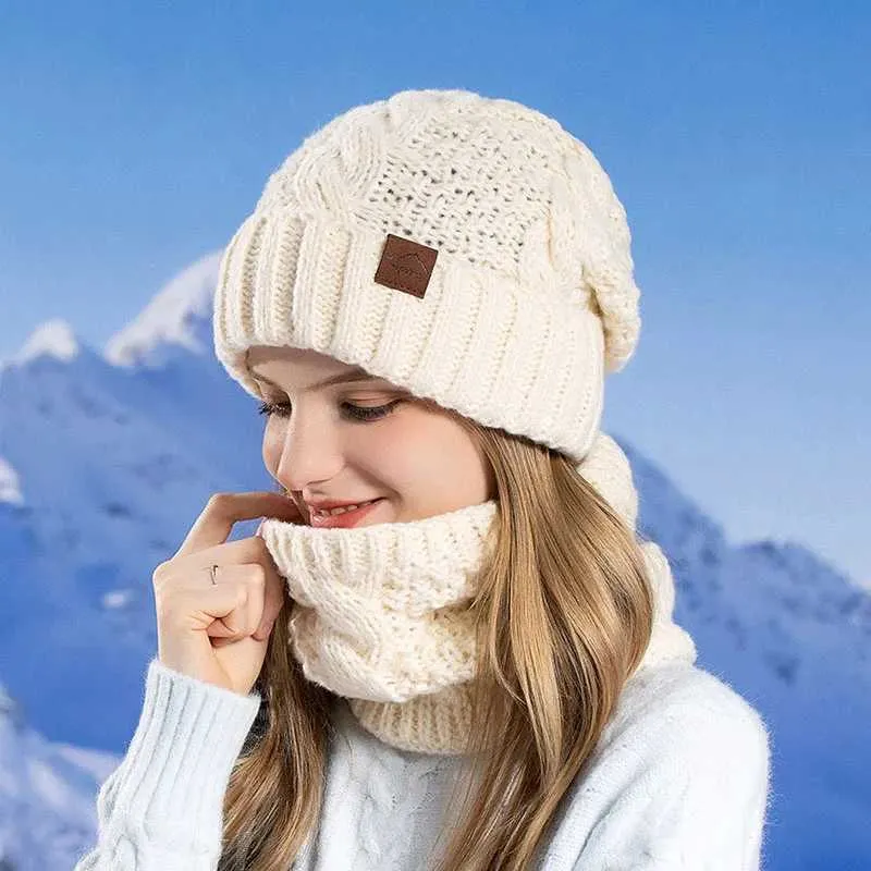 Winter Knitted Hat Scarf Set Womens Hot Wool Bean Neck Warm Skiing