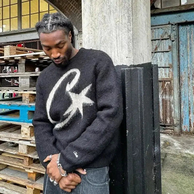Casual Mens Y2K Knitted Acrylic Sweater Loose Fit Autumn Winter Up