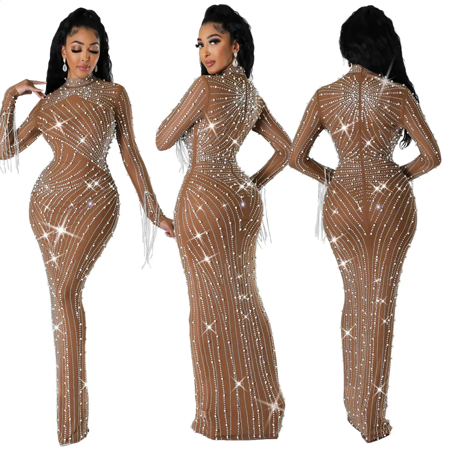 Elegant Mesh Diamond Long Sleeve Evening Gown Bodycon Formal