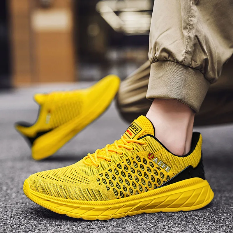 Mens Breathable Mesh Running Shoes - Yellow, Size 46-47