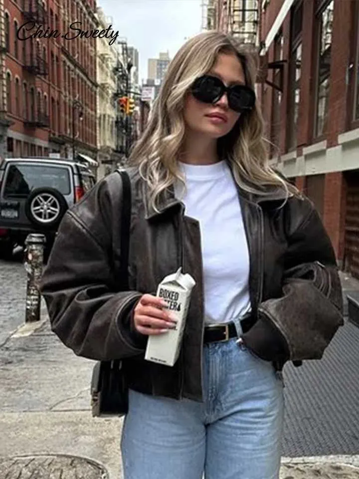 2024 Autumn New Lady High Street Leather Bomber leather