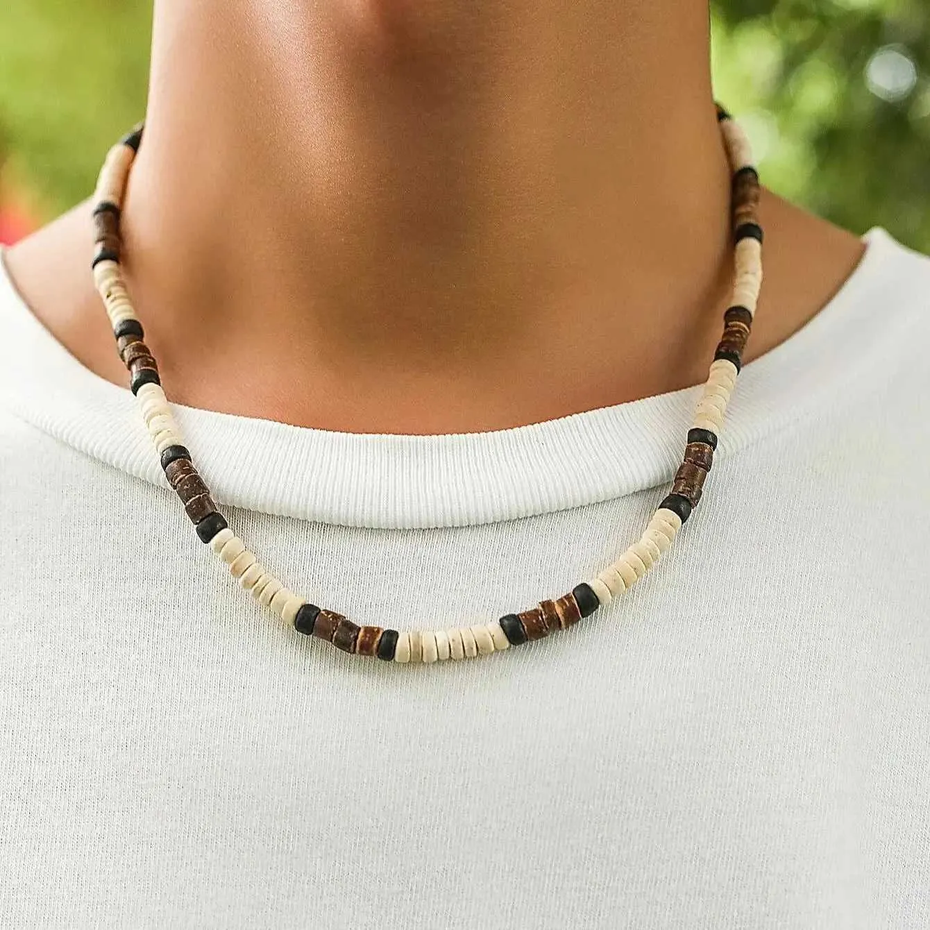 Wooden Bead Surfer Necklace For Men Summer Beach Tribal Ethnic