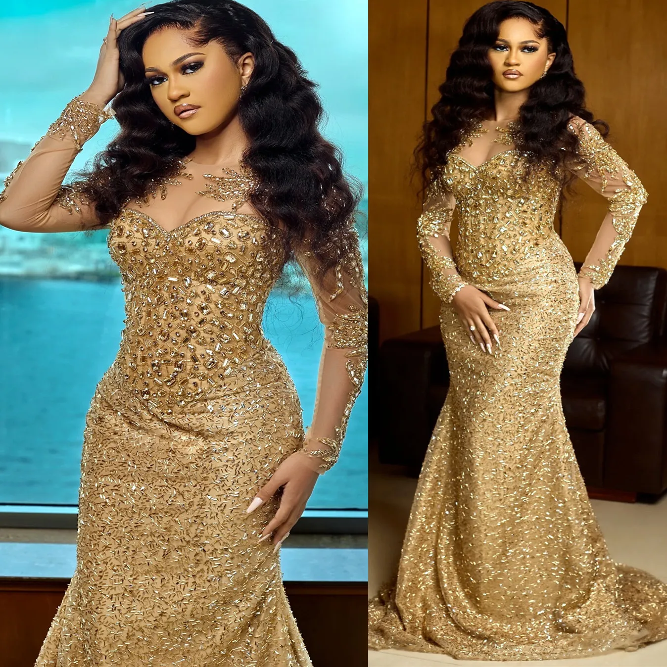 Gold Mermaid Gold Sparkly Prom Dress With Illusion Sequins And ...