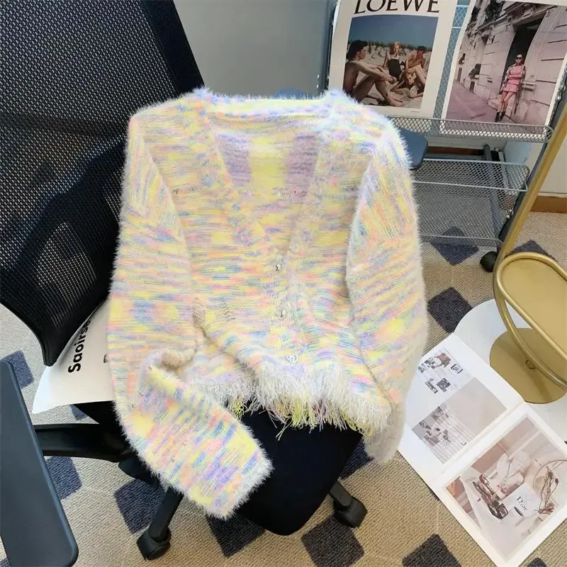 Mohair Cardigan Sweater: Womens Blue V Neck Knit Top With Rainbow