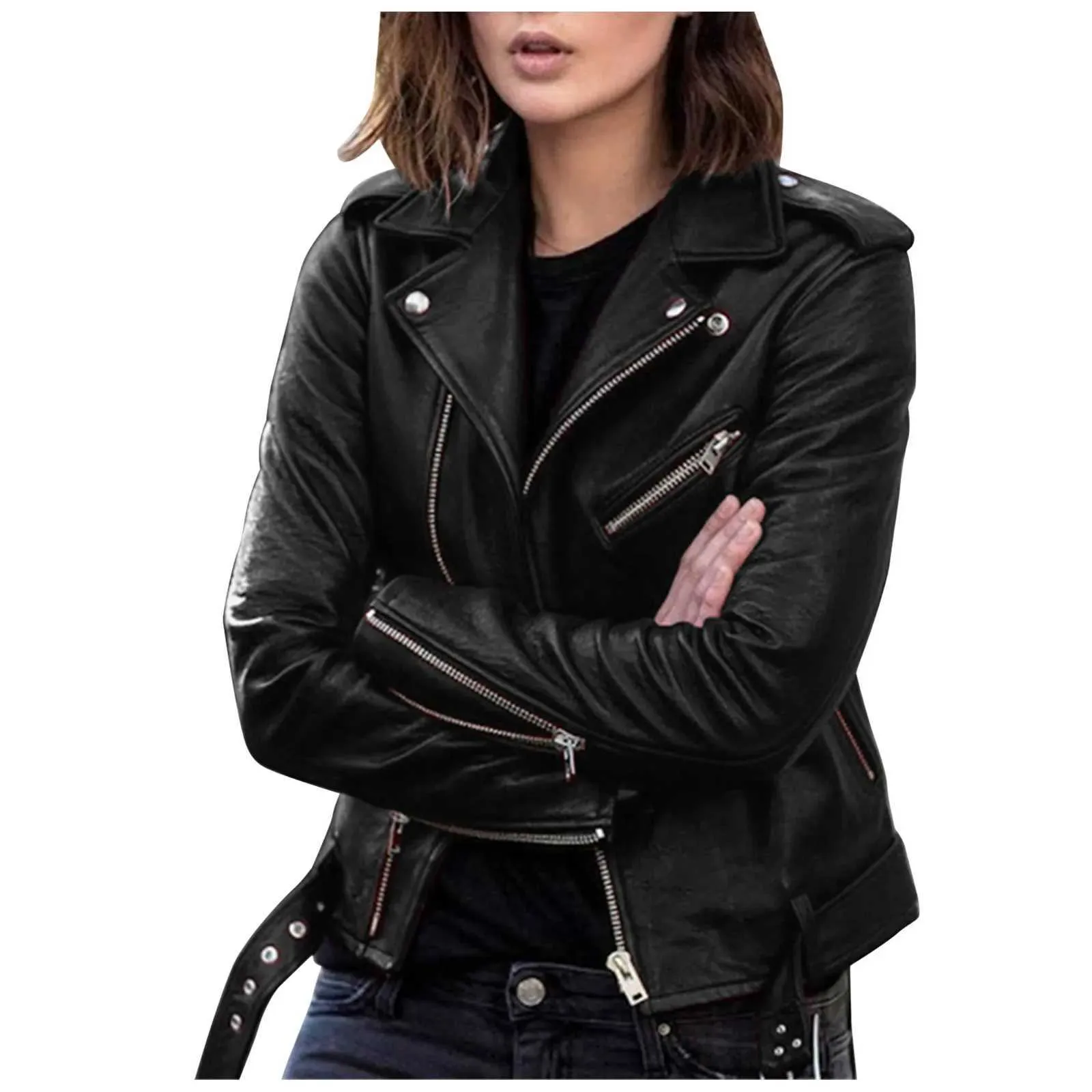 Alloaone Autumn Punk Style Pink Leather Jacket Women Slim