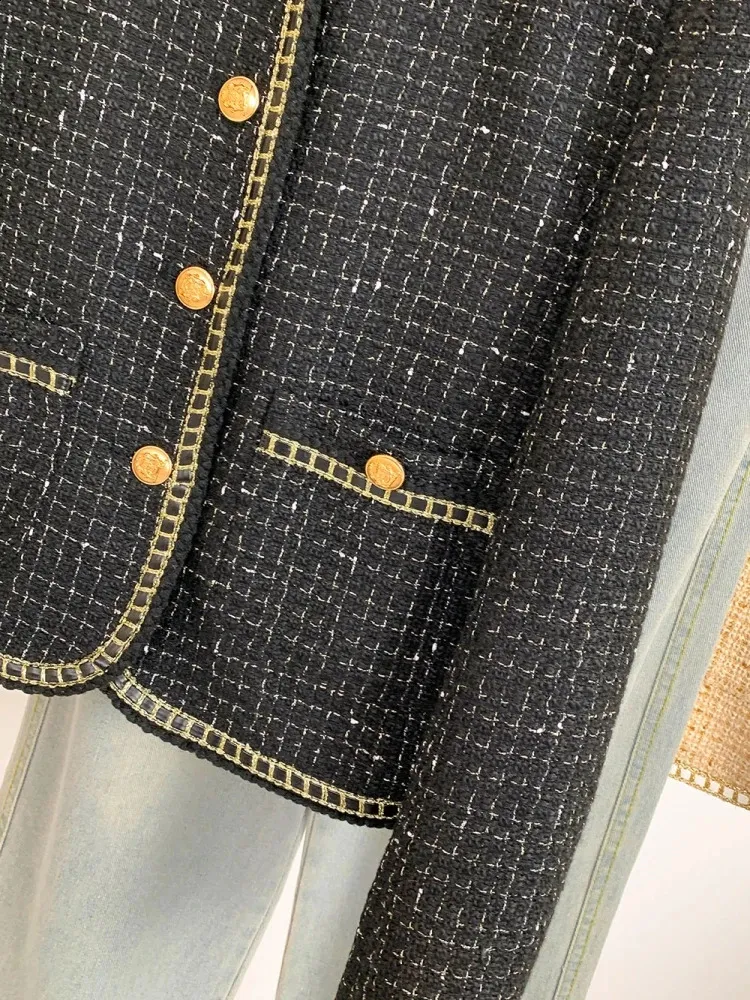 England Style Plaid Tweed Jacket Women Elegant Metal From