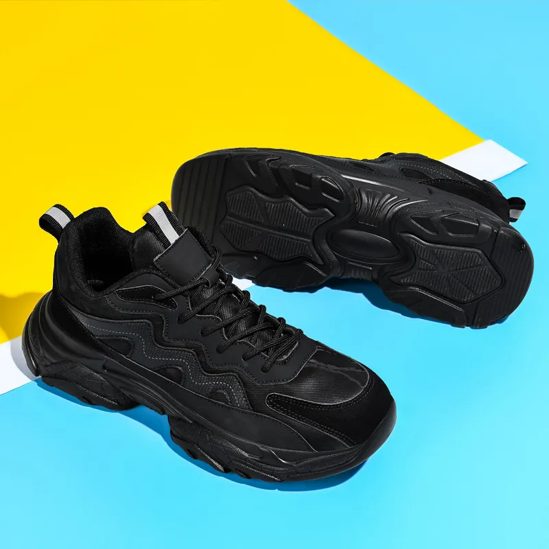 Mens Black Leather Sneakers - Casual Sports Shoes with Big