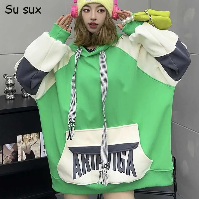 Women s Hoodies Sweatshirts Casual Patch Work Super Dalian Hoodie Sweater Top Womens Y2k Clothing Korean Popular Casual Loose Long Sleve Top 135cm