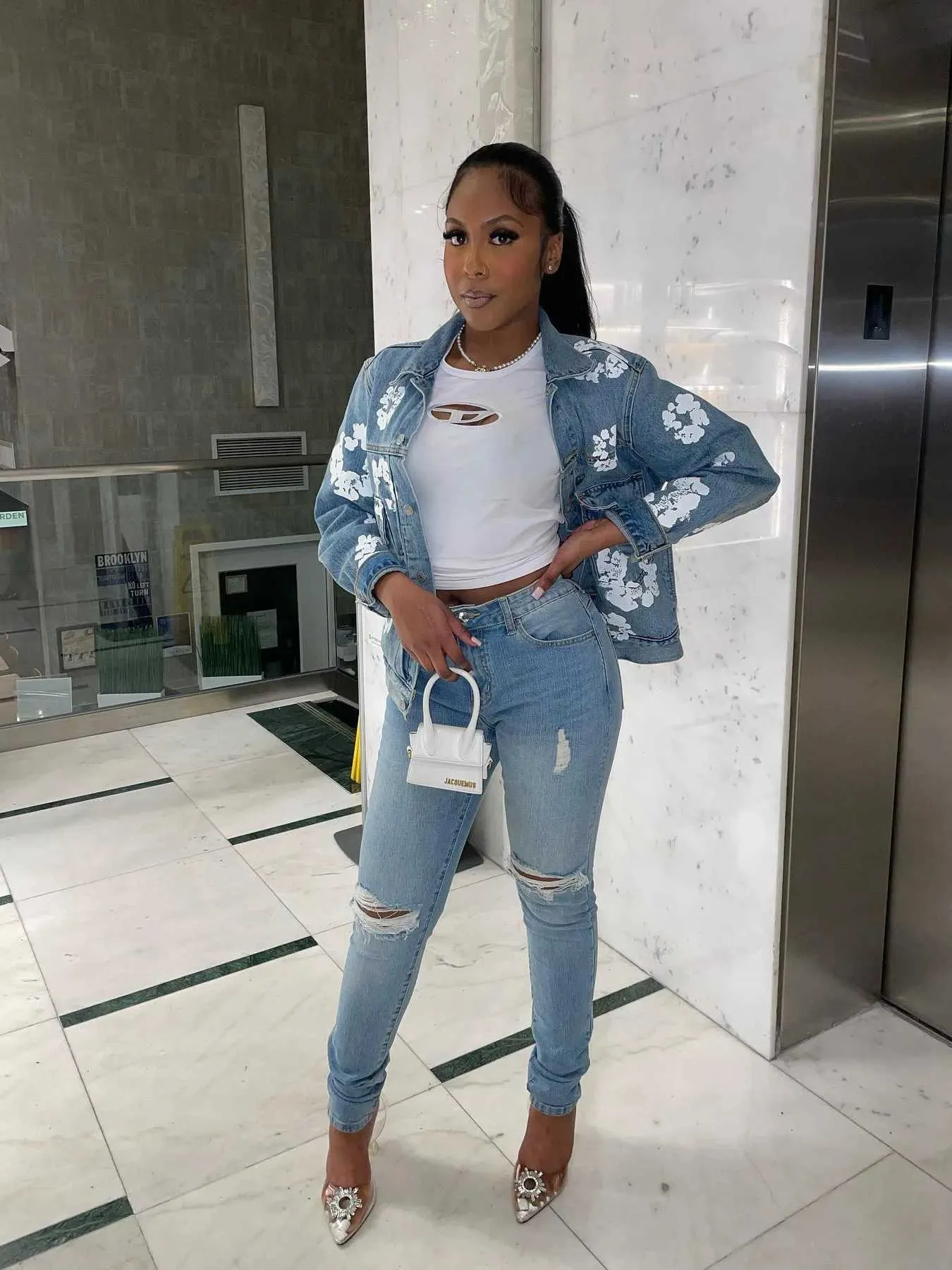 Ladies Floral Jackets Elegant Womens Autumn Denim Jacket With