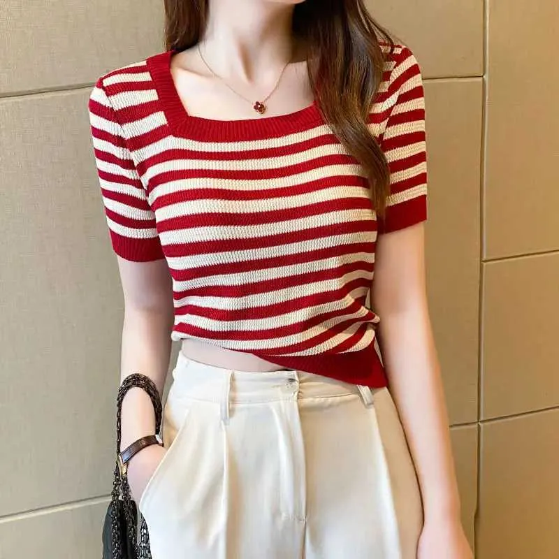 Darong Women's Summer Striped Tee - Ribbed Knit Scoop Neck Short Sleeve Top