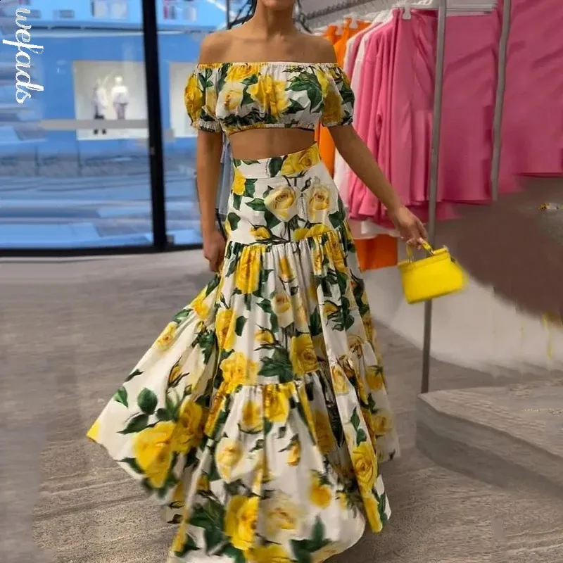 Floral Print Two Piece Pleated Skirt Set Off Shoulder Top Long