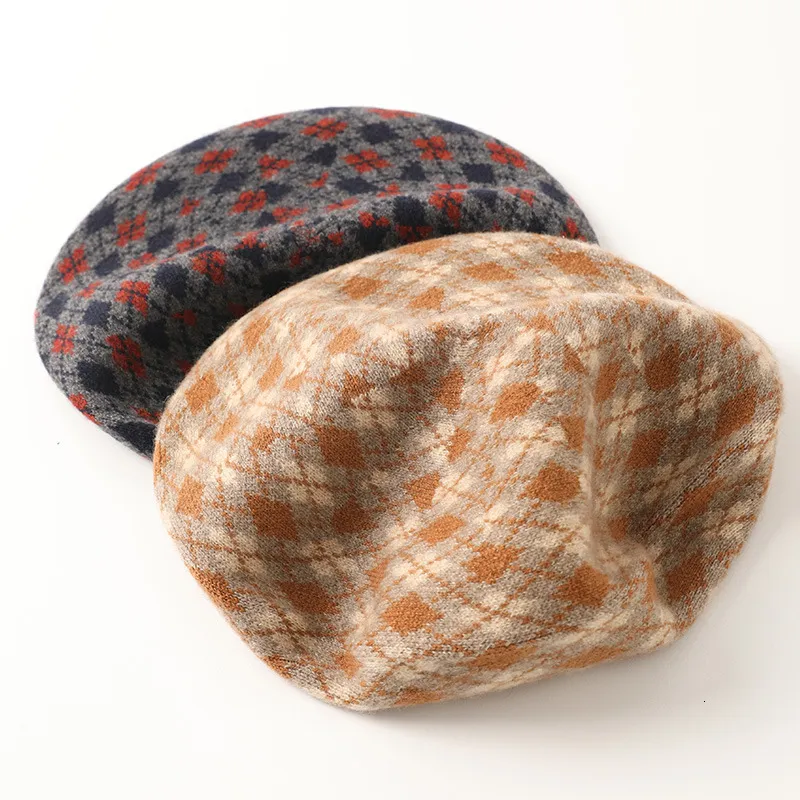 Cashmere Womens Knitted Plaid Beret Retro Jacquard Artist  display picture 3