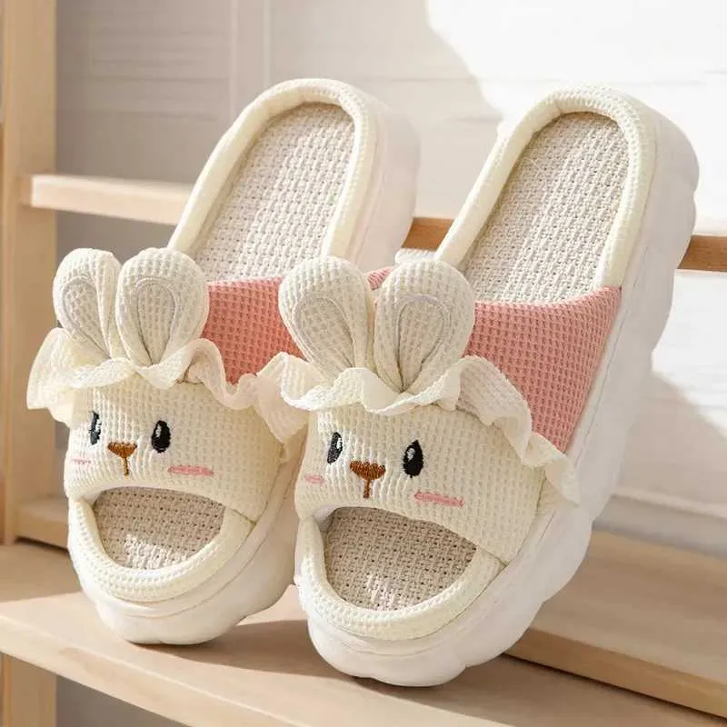 Cute Rabbit Slippers: Cozy Cotton Linen Flip Flops For Ladies