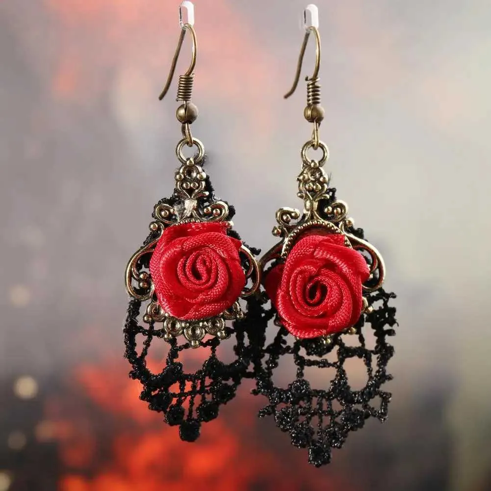 Gothic Jewelry For Women Black Lace Dangle Earrings With Red