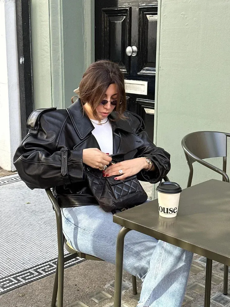 Leather Jacket Women's Casual Street, Long-Sleeved Lapel Crop Coat, 2024 Y2K Fashion, Loose PU Outwear, Solid Color Belted Leather Jacket Women's Casual Street, Long-Sleeved Lapel Crop Coat, 2024 Y2K Fashion, Loose PU Outwear, Solid Color Belted