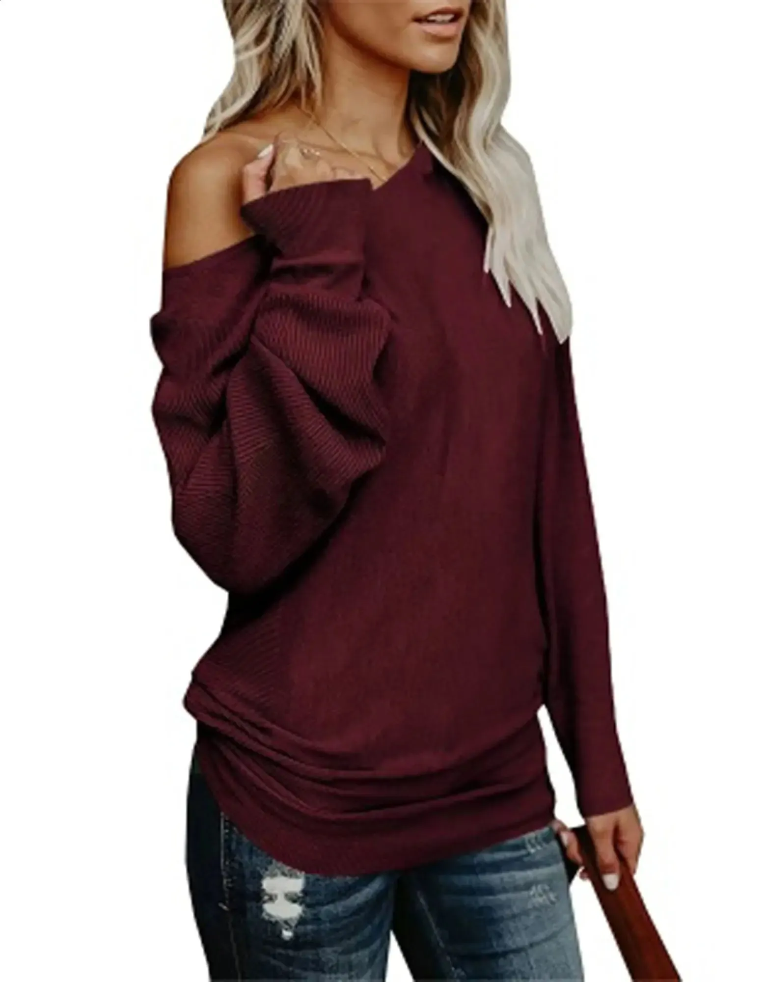 Women s Knit Sweater in Purple Casual Long Sleeve Boat Neck