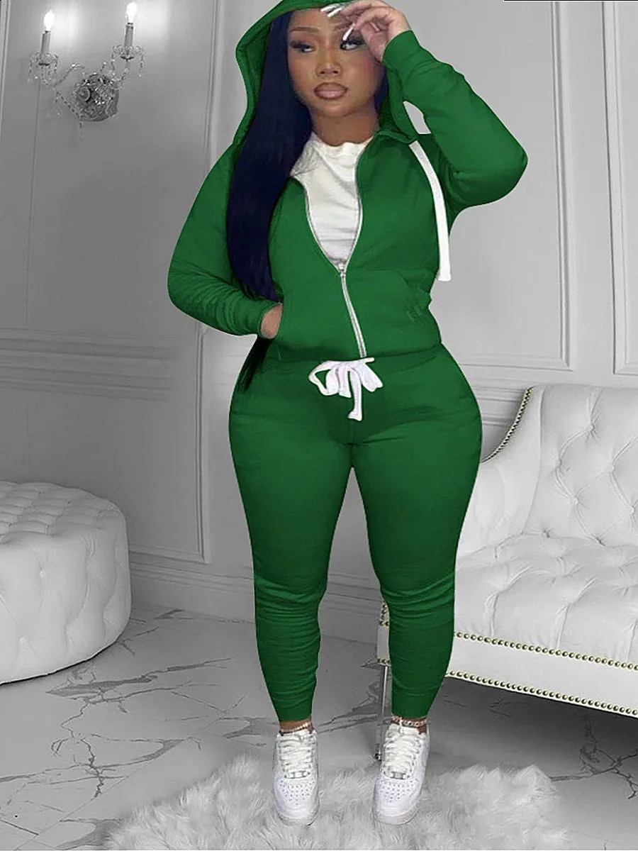 Green Hoodie Women's Leggings And Hoodie Set Dark Green