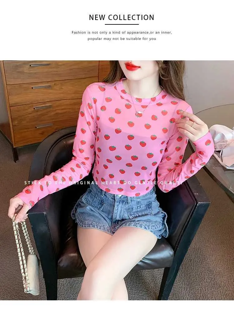 Strawberry Print See-Through Mesh Top - Long Sleeve Crop Tee