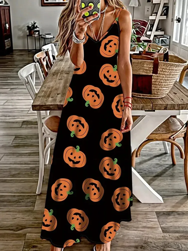 Sexy Strap V-Neck Halloween Pumpkin Print Sleeveless Knitted Floor-Length  Dress for Summer Festival Party from Dhgate Basic & Casual Dresses - price  71.2