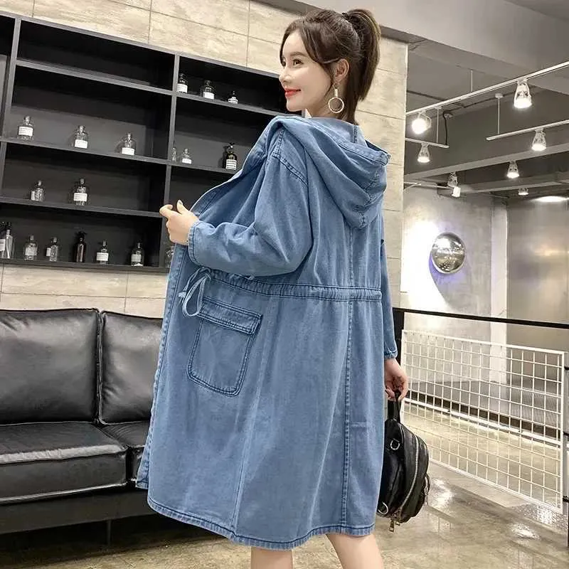 2023 New Spring Autumn Hooded Denim Jacket Womens Long Windproof