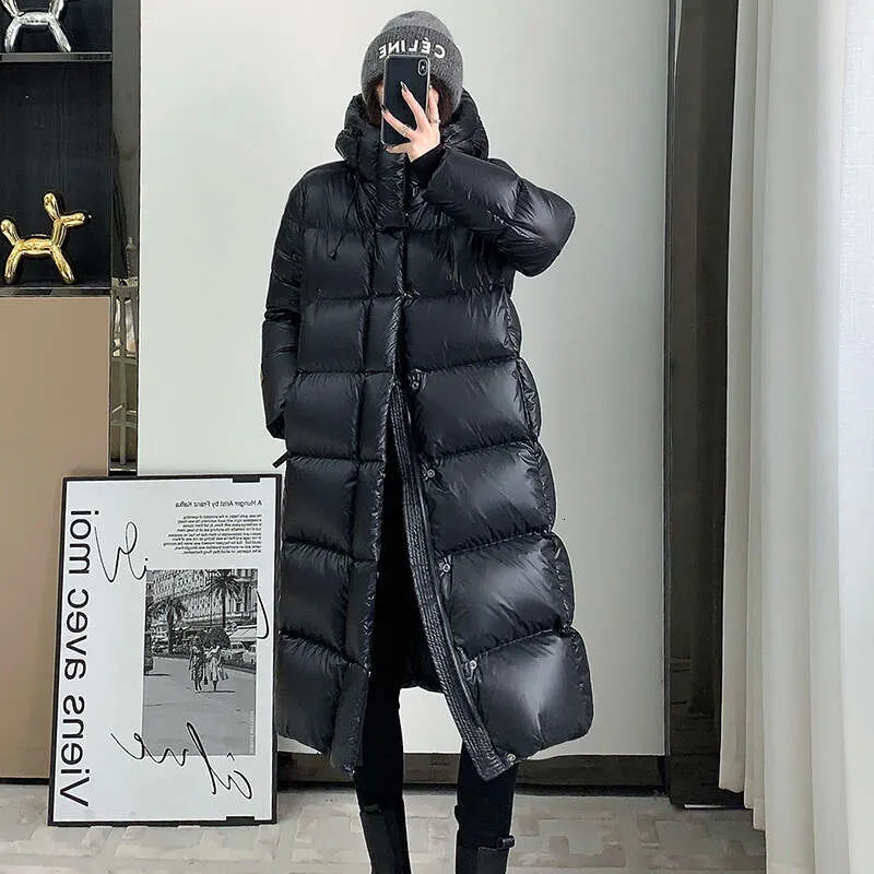 ウォニョン着用 【 JEANS】 Glossy Puffer Down Jacket Premium Quality, Over-the-Knee Goose Down Winter Coat: Black