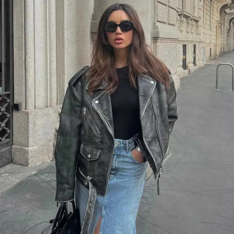 RR2472 Dirty Pu Leather Biker Jackets Womens Oversize Boyfriend Bomber Worn Effect Jacket Crocodile Skin Leather Black CoatsX240919 From Tomato_lele, $22.1 | DHgate.Com