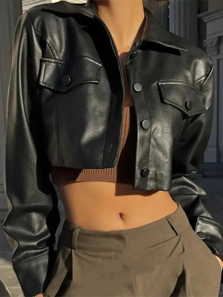 Edgy Womens Faux Leather Cropped Jacket Stylish Punk Spring
