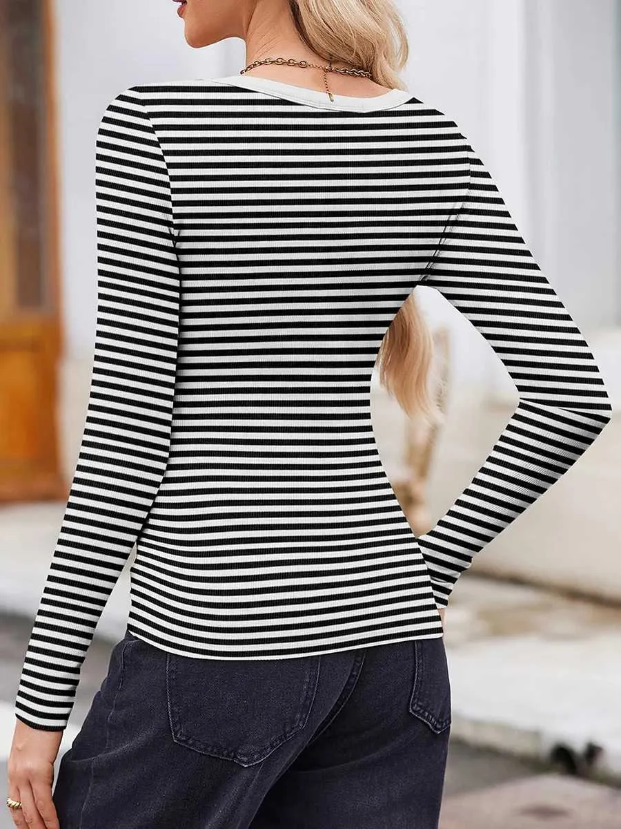 Striped Knit Tee: Womens Long Sleeve Scoop Neck Ribbed Shirt