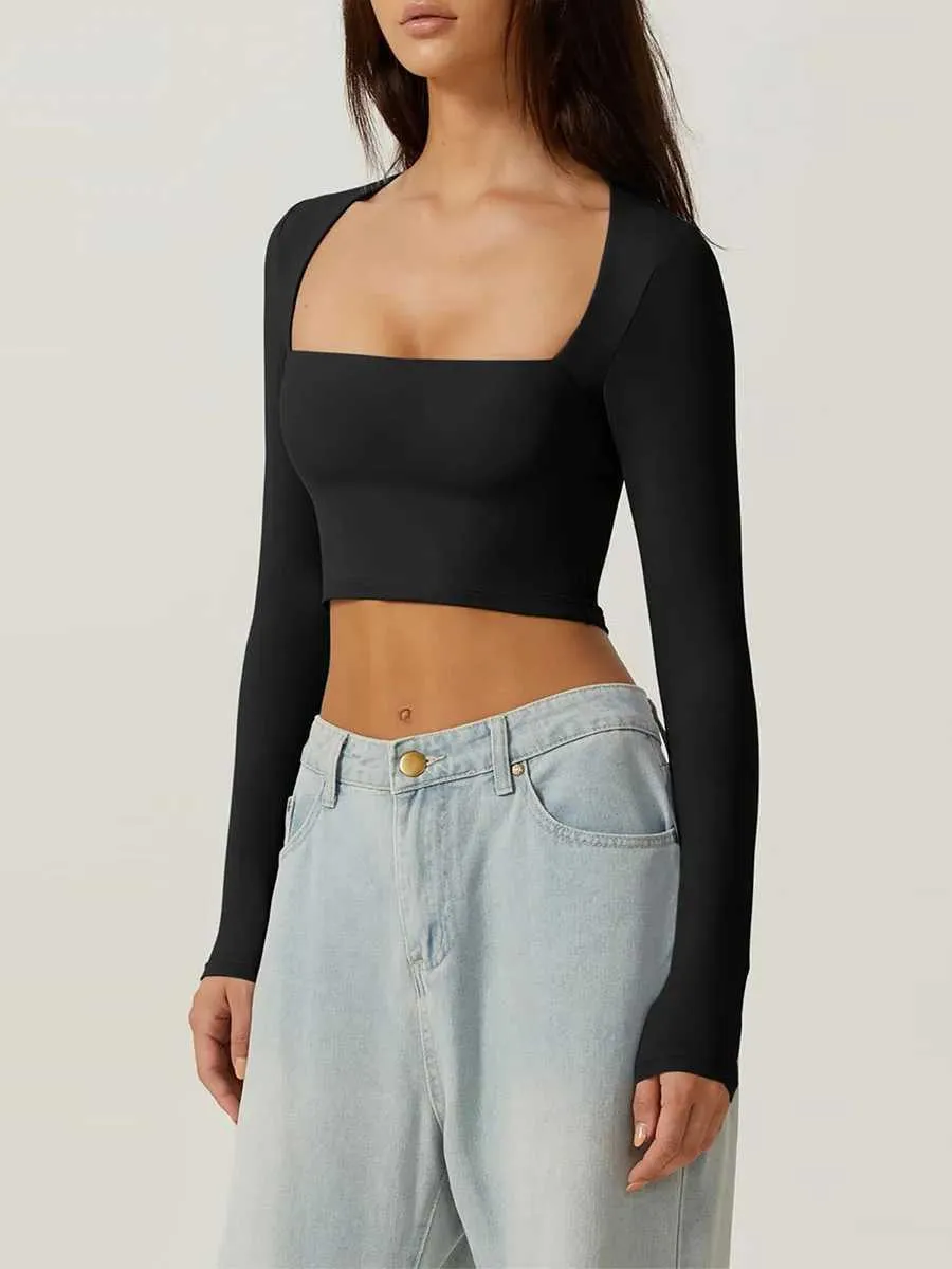 Women's Slim Fit Crop Top With Asymmetrical Hem - Casual Long Sleeve Shirt For Going Out & Yoga