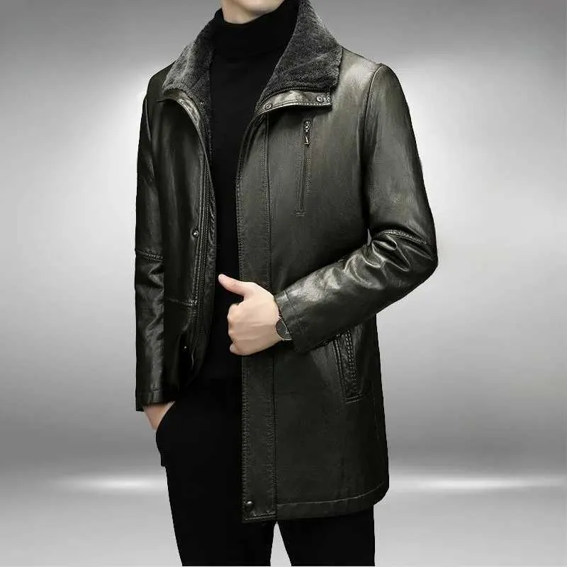 Mens Casual Fur Lined Leather Jacket Warm Sheepskin, Medium Thick