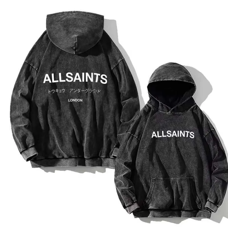 Men s Hoodies Sweatshirts American niche trend brand All Saints washing hoodie mens loose classic letter printed sportswear couple All Saints top