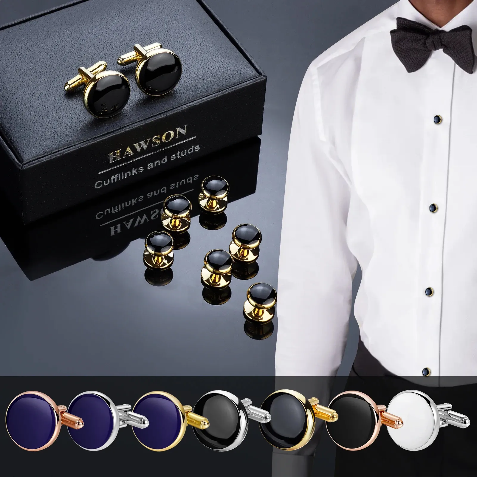 HAWSON Men's Black Cufflinks & Studs Set - 2 Cufflinks & 6 Studs In Gift Box, Formal Wear