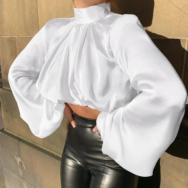 Women's Satin Long Sleeve Blouse - Elegant Ruched Cropped Top, High ...