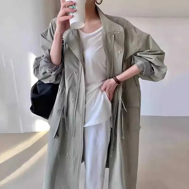 Save Big on Bulk Korean Fashion Trench Coat Trench Coat For Women Korean  Style Long 2024 Autumn Retro Stand Up Collar Large Pockets Loose Casual