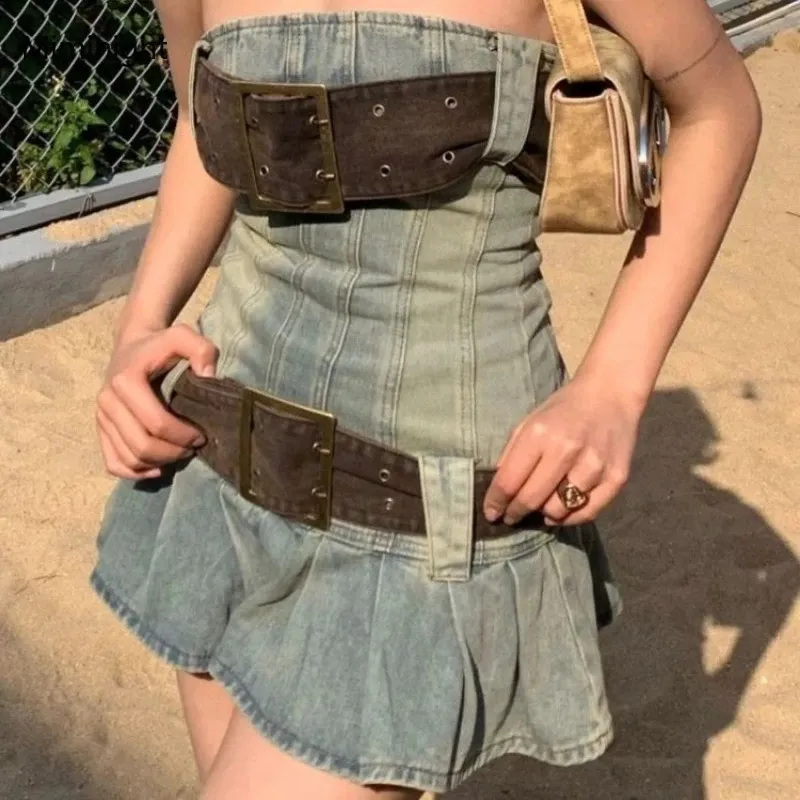 Vintage Y2k Strapless Denim Dress For Women In Summer Tight And Sexy Korean  Fashion Kpop Belt Pleated Mini Dress 2000s Streetwear 240921 From 13,85  |  DHgate