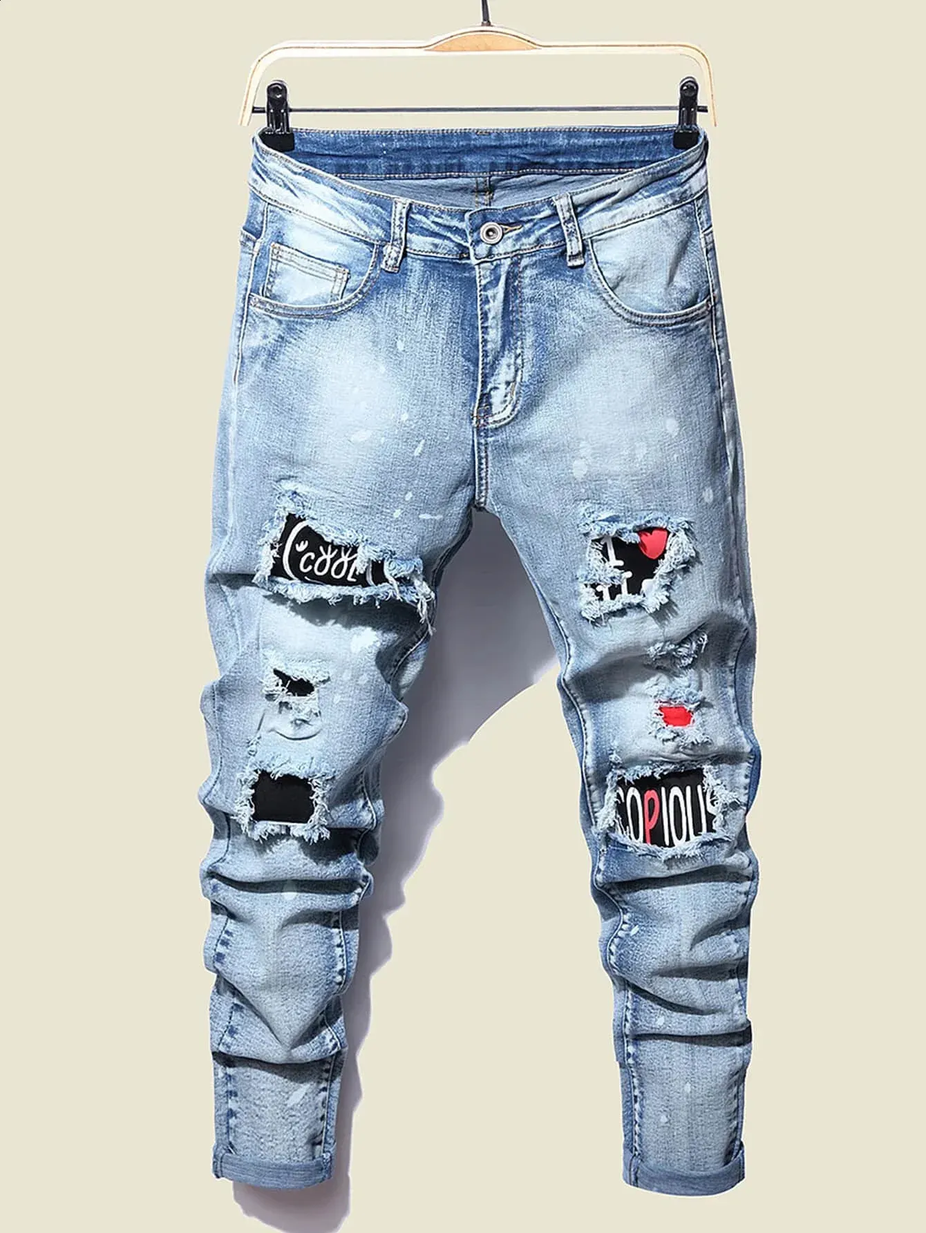 Ripped Biker Biker Jeans With Zips Men's NEWSEE Boy's Stylish