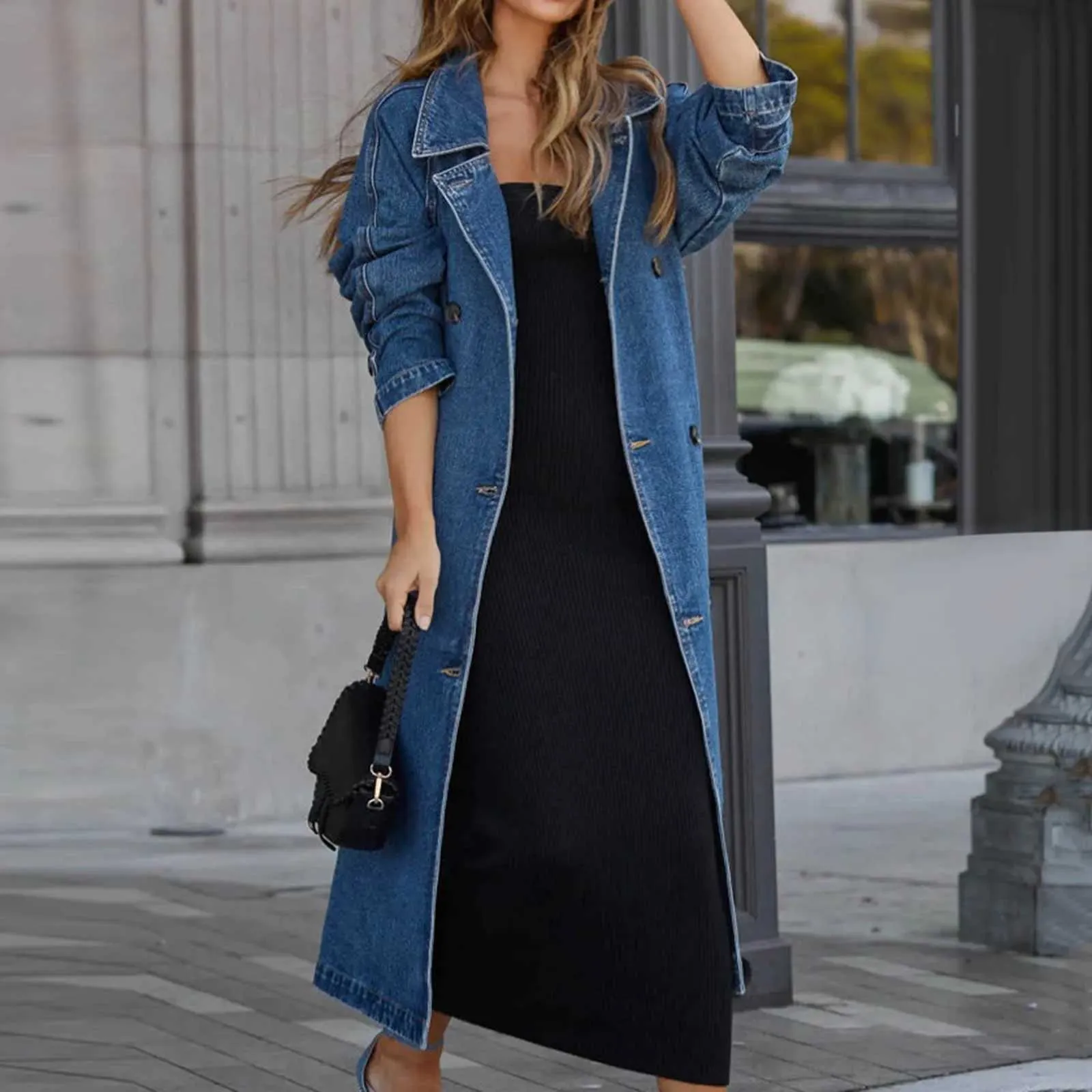 Save Big on Bulk Denim Trench Coat Womens Women's Vintage Denim Trench Coat  Loose Fit, Double Breasted, Jean Jacket, Long Casual Best Deals on