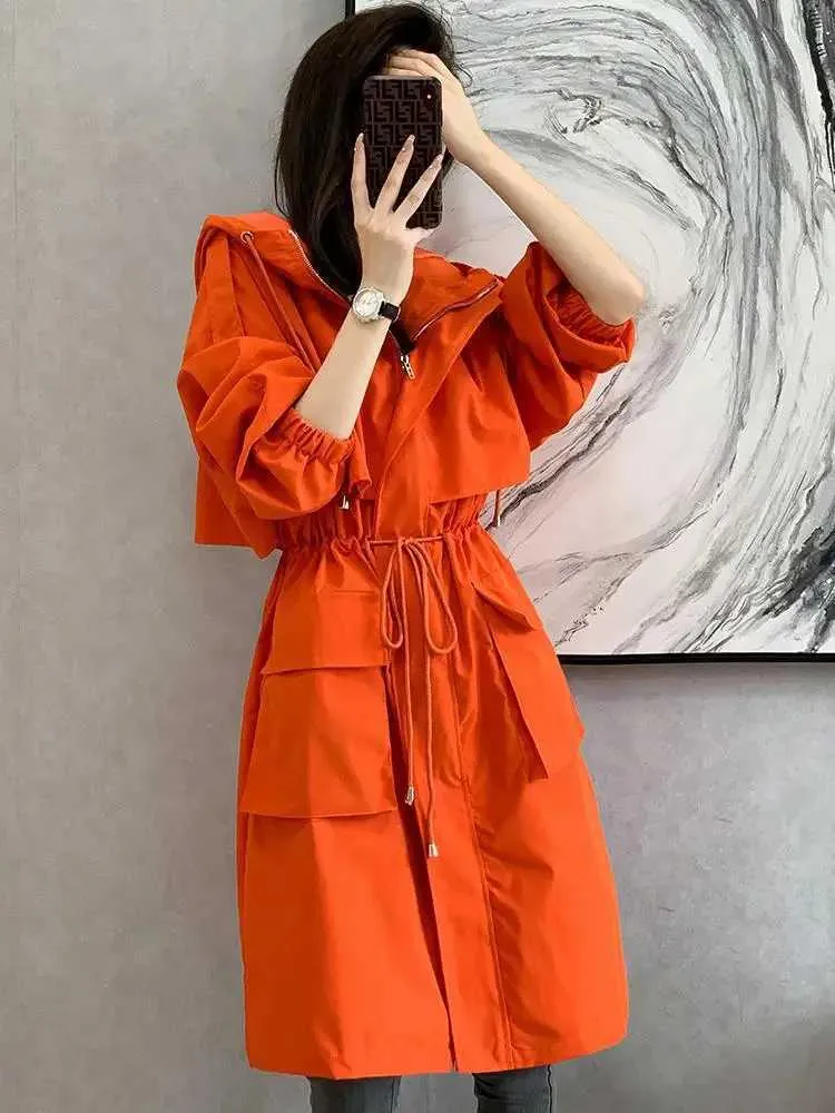 Hooded Long Sleeves Drawstring Pockets Solid Color Split-Joint Zipper Outerwear Trench Coats
