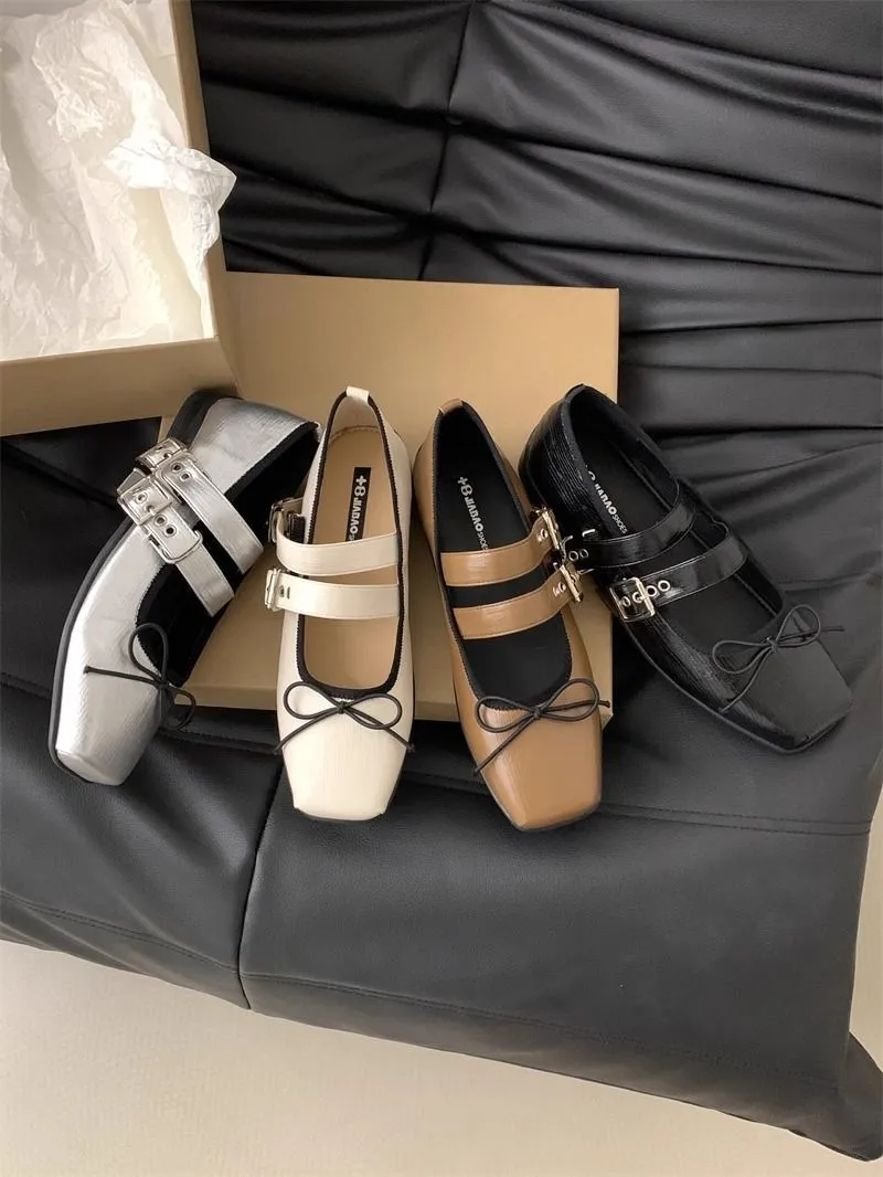 beige dress with silver shoes Bowtie Glitter Stud Heel Flats - Beige