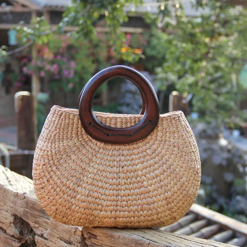 Wood Handle Summer Straw Bags Wooden Small Straw Bags Bamboo Bags