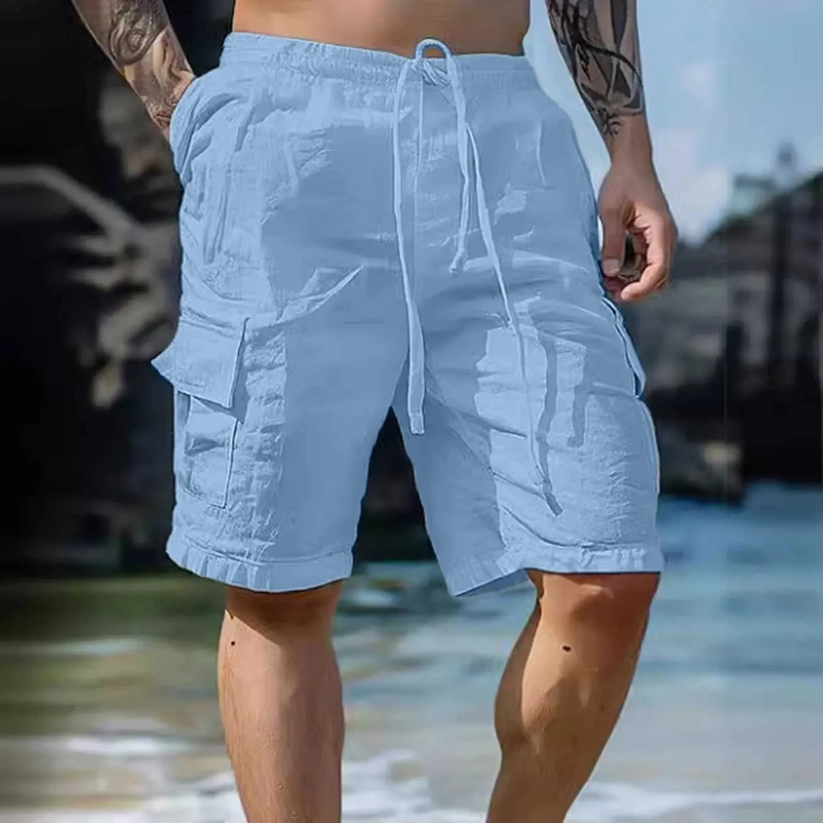 Men's White cargo short shorts with Pockets Summer Fashion