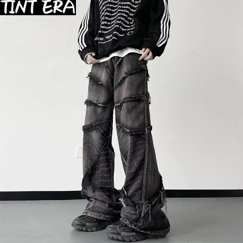 Black Washed Oversized Wide Leg Jeans for Men - Raw Edge