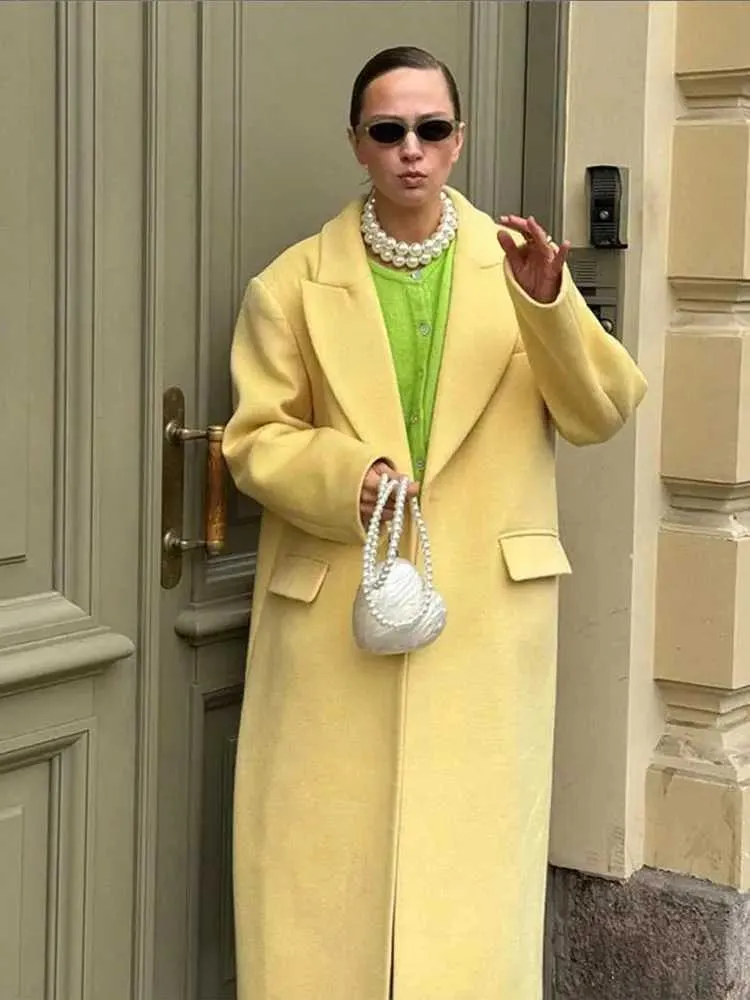 Save Big on Bulk Yellow Wool Coat Womens Women's Long Lapel Coat Yellow  Single Layer Wool Blend Lightweight Jacket With Pocket Detail For