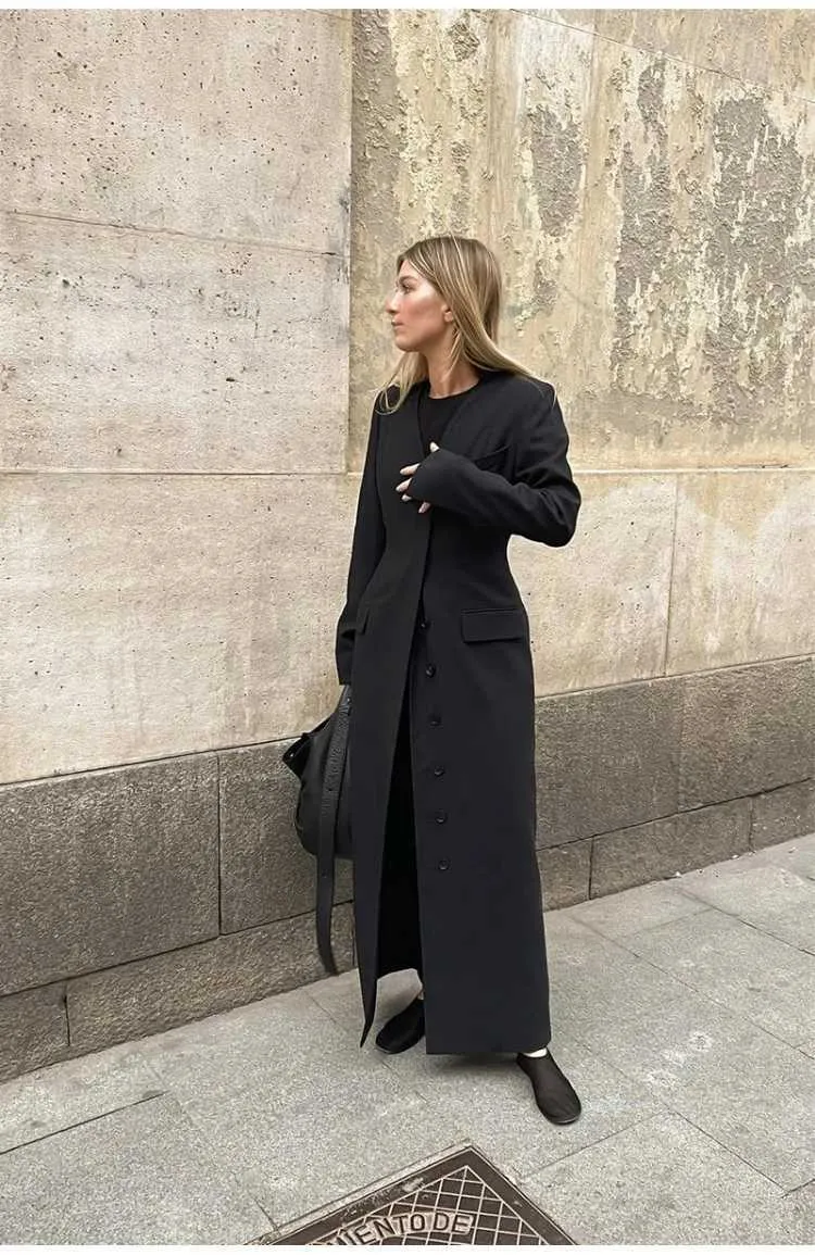 Plusizeshe Spring Autumn Extra Long Black Fitted Trench Coat For